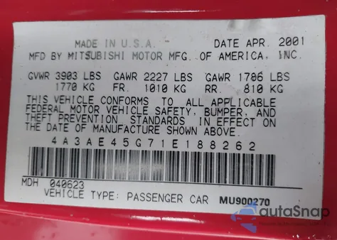 2001 Mitsubishi Eclipse Spyder Gs z USA, uszkodzony, nr VIN 4A3AE45G71E188262